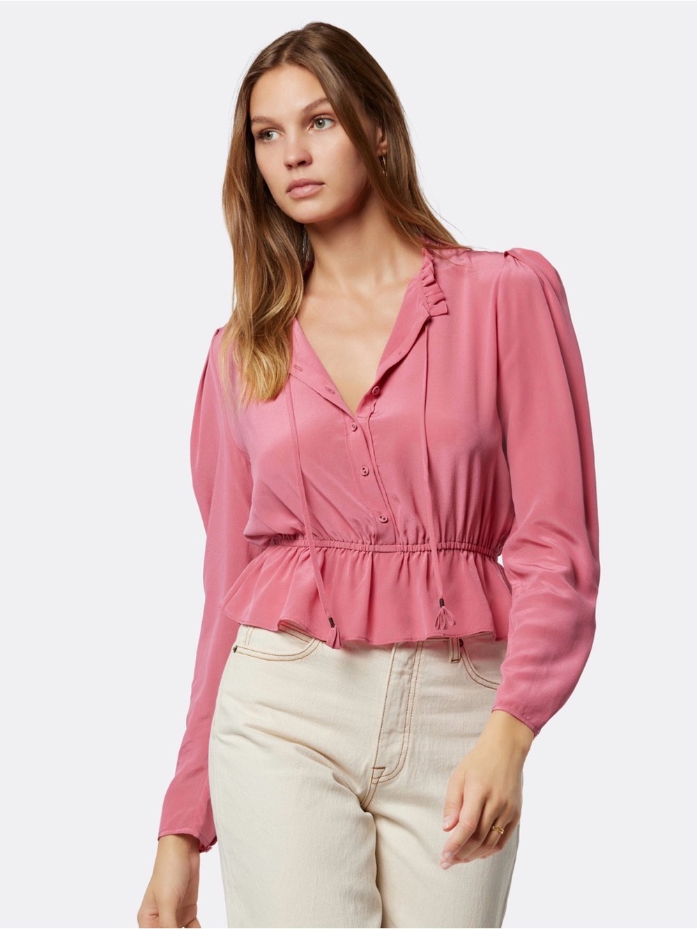 Joie Coral Pink Ruffle Peplum Button-Front Blouse